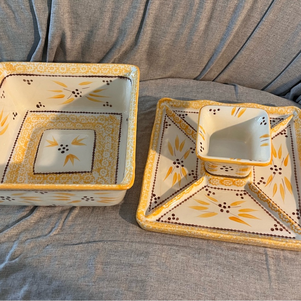 Hand-Painted Yellow and Maroon Ceramic 3 Way Serving Set/ Cake Holder